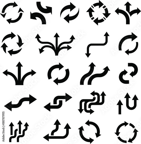 Collection of various black arrows and curved pointers on a plain white background from a straightforward viewpoint