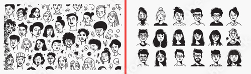people face avatars, hand drawn portrait icons, black and white people faces, cartoon human expressions, simple character head drawings, avatar illustration set, people icon collection

