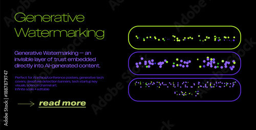 Purple, green, and yellow blurred text with abstract dot patterns in rows. Conceptual vector illustration for AI watermarking, trust embedding, and generative tech themes.