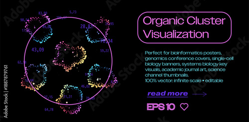 Colorful illustration of organic data clusters with neon dots and numbers on a black background. Conceptual vector illustration for bioinformatics, genomics, and scientific visualization themes.