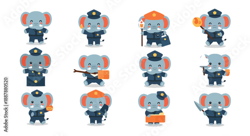 Cartoon Elephants in Police Uniforms Character Set
