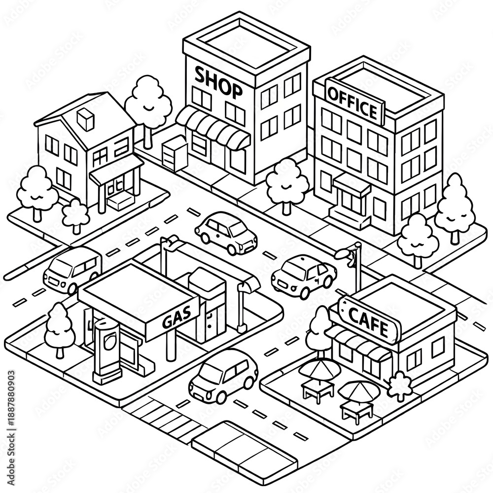 Fototapeta premium Isometric Small City Block Coloring Book Illustration with Clean Line Art