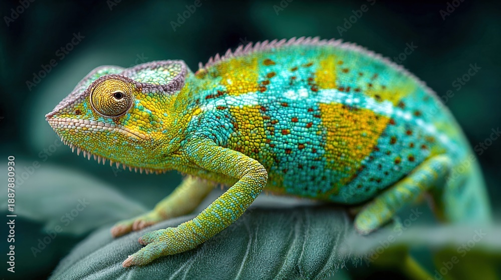 Fototapeta premium Vibrant chameleon perched on a leaf, showcasing its colorful skin patterns.