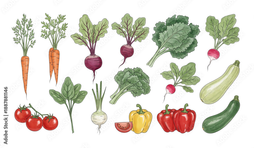 Fototapeta premium Watercolor vegetable collection with hand drawn fresh food elements vector