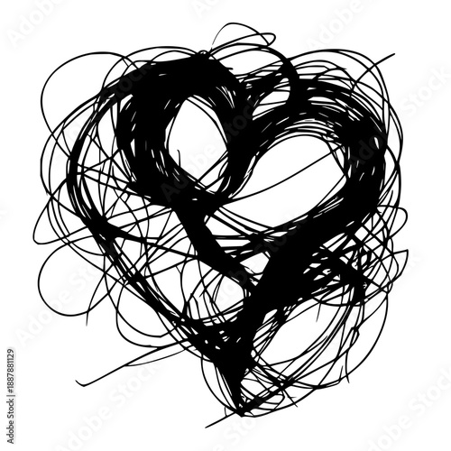 Abstract Love Heart Sketch: Chaotic Tangled Black Lines on White, Artistic Scribble Line Art for Modern Design & Valentine's Day Concepts