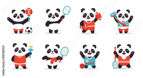 Set of Cute Panda Bear Sportsmen Cartoon Characters