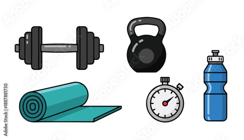 Collection of fitness and gym equipment including dumbbell, kettlebell, yoga mat, stopwatch, and water bottle on a white background.
