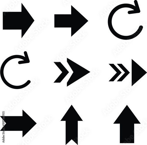 Collection of various black directional arrows and curved symbols on a plain background viewed directly from the front