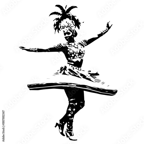 Woman in costume dancing energetically alone.