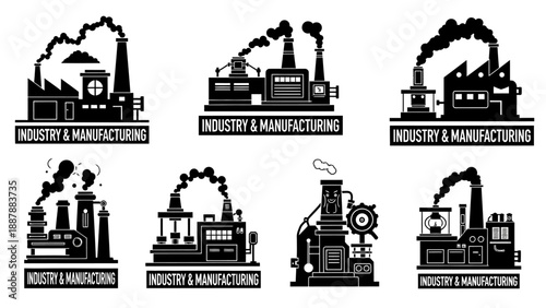 Industrial factory building set with smoke and manufacturing text banners black and white plant silhouettes for industrial concept on white back