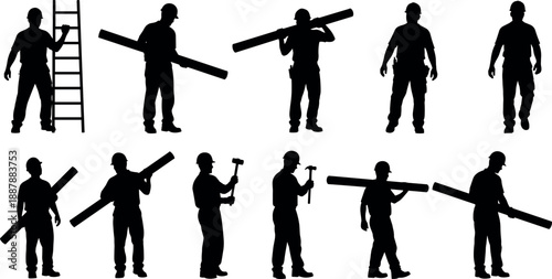 Collection of construction worker silhouettes carrying timber tools and ladder for building site industrial work and renovation projects