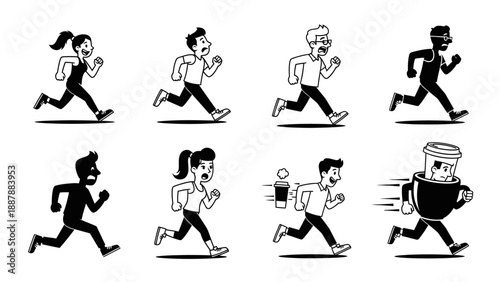 eight dynamic black and white vector illustrations of people running with varied expressions and actions
