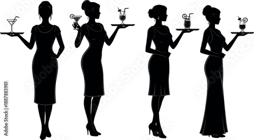 Collection of elegant female waitress silhouettes wearing dresses and high heels serving tropical cocktails on trays for restaurant service