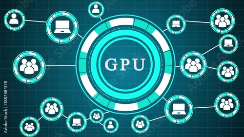 GPU Network Connection Diagram with People and Laptop Icons, Digital Data Flow and Technology Concept, Futuristic Blue Background,Abstract digital illustration of a GPU connected to a network.