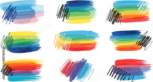 Vibrant Watercolor Gradients with Artistic Marker Scribbles Abstract Set.eps