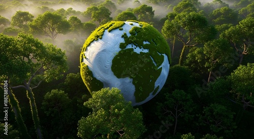 Una panorámica de un planeta Tierra flotando serenamente sobre un cielo azul en expansión, el concepto de ecosistema y medio ambiente saludable, día de la Tierra, salvar el mundo.