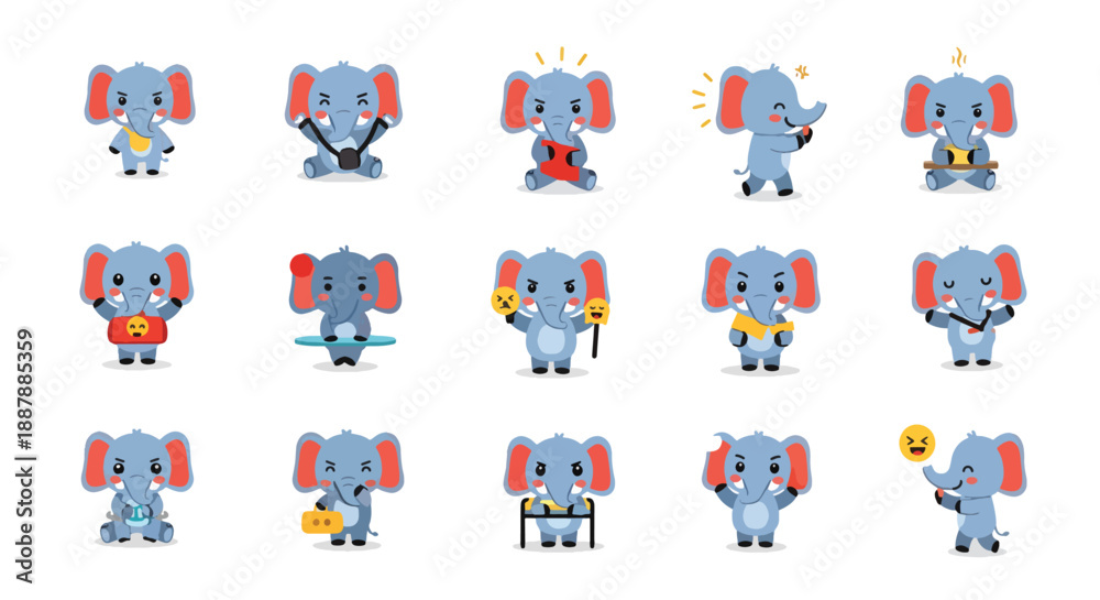 Fototapeta premium Set of Cartoon Elephant Character in Various Poses