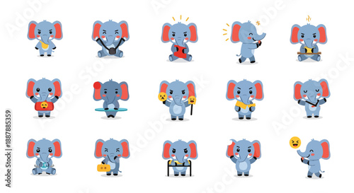 Set of Cartoon Elephant Character in Various Poses