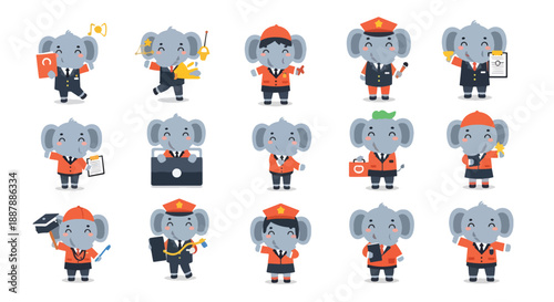 Set of Cute Cartoon Elephant Characters in Various Professions