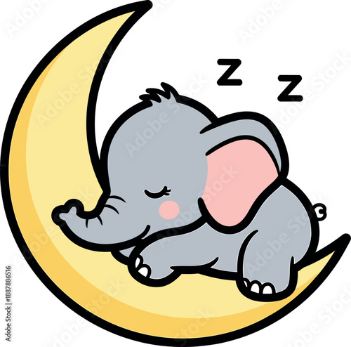 Cute baby elephant sleeping on a yellow crescent moon with zzz symbols