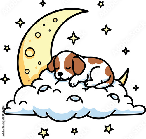 Cute puppy sleeping on a cloud under the moon and stars, sweet dreams illustration
