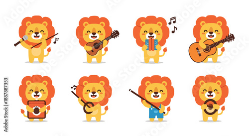 Cartoon Lion Playing Musical Instruments Set