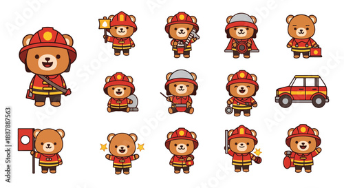 Cartoon Bear Firefighter Character Set