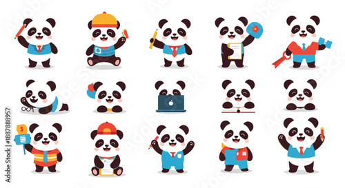 Collection of Cartoon Panda Characters in Various Professions