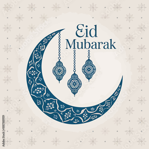 Festive Eid Mubarak celebration background with traditional Islamic elements.