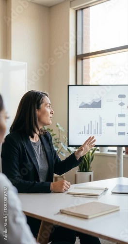 Businesswoman leads presentation on financial data in modern office setting