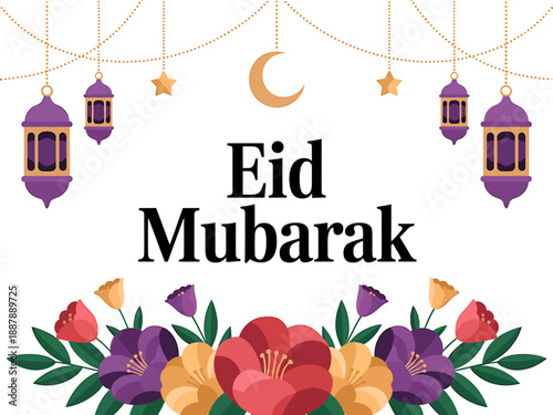 Festive Eid Mubarak celebration background with traditional Islamic elements.