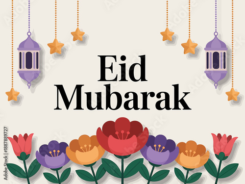 Festive Eid Mubarak celebration background with traditional Islamic elements.