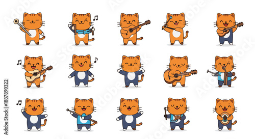 Set Of Cartoon Cat Musicians Playing Instruments