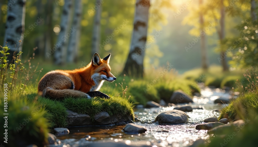 Fototapeta premium Red fox rests on mossy bank near clear stream water. Sunny birch forest provides calm wildlife habitat. Green grass and stones surround tranquil animal in wild. Nature scenery.