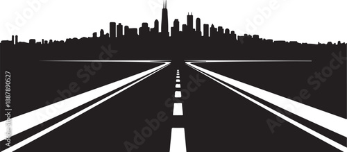 Highway leading to a wide city skyline silhouette road
