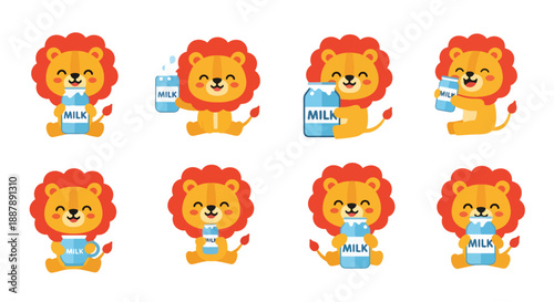 Set of Cute Lion Cub Cartoon with Milk