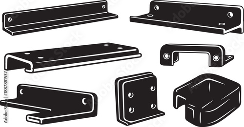 Collection of various metal brackets and hardware components