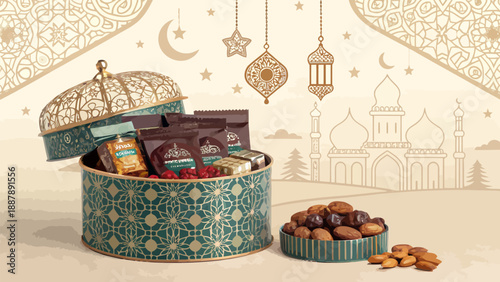 Eid gift hamper with islamic pattern dates and chocolate treats in decorative tin ramadan celebration