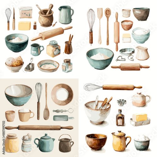 Kitchen utensil and cookware illustration with bowls cups jars spoons rolling pins and baking tools in soft watercolor style isolated on white background.