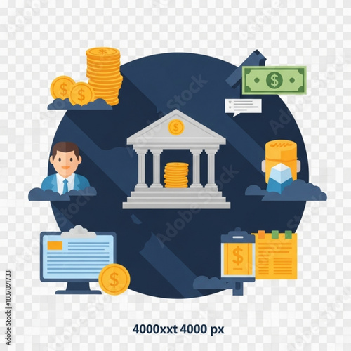 Financial banking concept with a building and people icons around it with money
