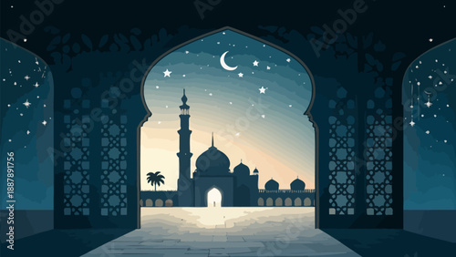 Eid mubarak mosque courtyard entrance silhouette at night with crescent moon and stars