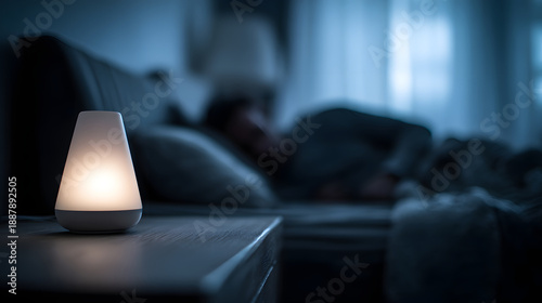 Glowing night lamp on bedside table creates calming ambiance in dimly lit bedroom, with person sleeping peacefully in background