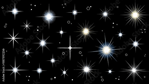 Vibrant assortment of luminous starbursts and glittering light effects, ideal for enhancing visuals with a touch of magic and sparkle