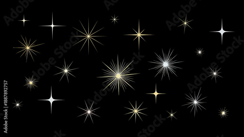 Collection of sparkling starbursts and glittery light effects on a black background