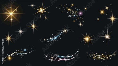 Collection of luminous light effects featuring sparkling starbursts, radiant lens flares, and dynamic shimmering trails on a dark backdrop, perfect for adding magical glow to any design project