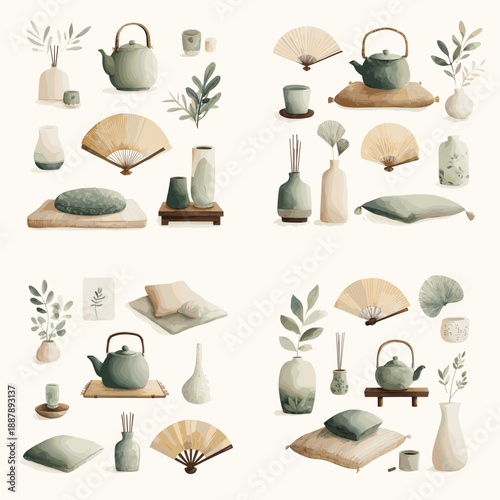 Minimal ceramic tea set illustration with teapot cups fans cushions vases and botanical elements in calm neutral tones isolated on white background.