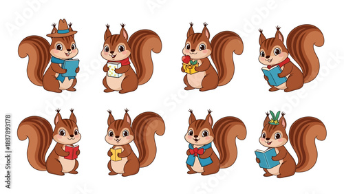 Charming Cartoon Squirrels Posing with Books and Autumn Elements, Perfect for Educational and Seasonal Designs