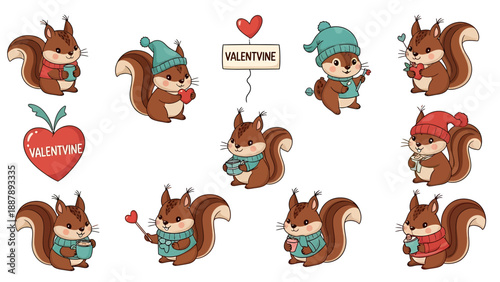 Cute Valentine Squirrels with Heart and Hot Drinks Illustrations
