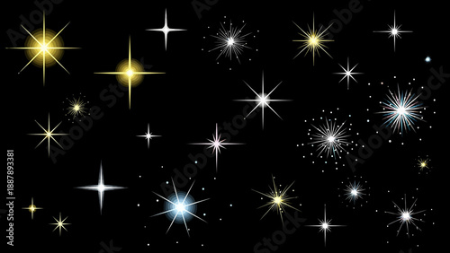 Vibrant collection of luminous starbursts, sparkling light effects, and glowing glitters on a deep black background, ideal for enhancing various creative designs