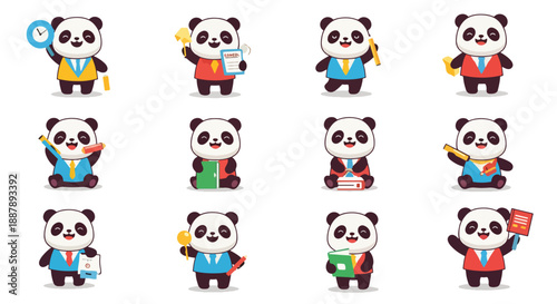 Set of Cartoon Panda Bear Characters in Different Professions